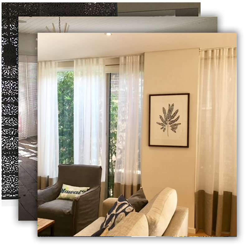 Cozy living room interior with sheer curtains, armchair, couch, and framed leaf art.